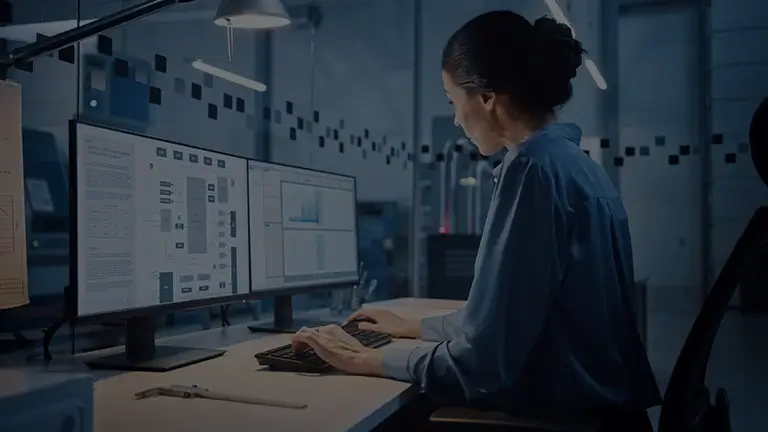 Factory Office: Portrait of Beautiful and Confident Female Industrial Engineer Working on Computer, on Screen Industrial Electronics Design Software. High Tech Facility with CNC Machinery